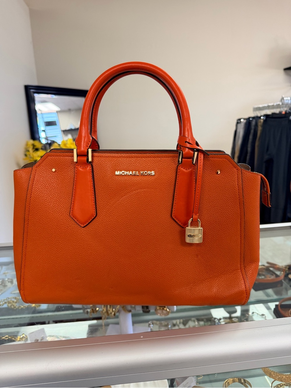 Michael Kors Orange Pebbled Leather Satchel with Gold Hardware